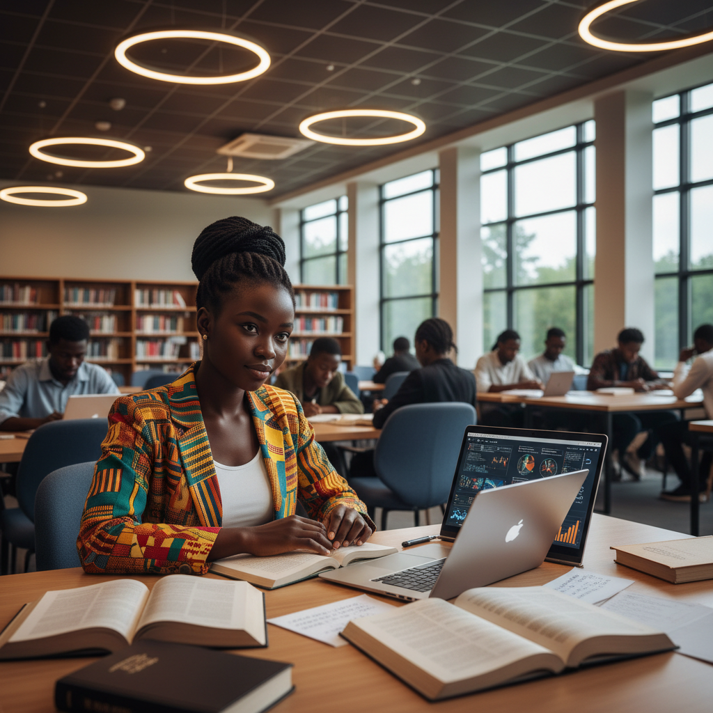 Ghanaian student studying with laptop in a modern library — Nerdlora e-learning platform